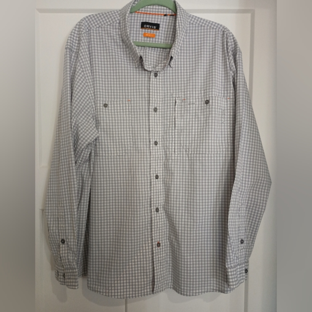 Orvis Gray Plaid Men's Button Down Long Sleeve Shirt 2XL